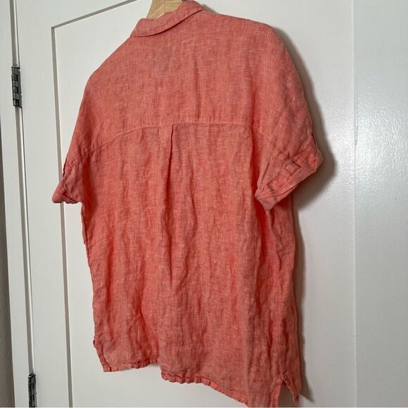 Rachel Roy Shirt Top Womens Sz M Salmon Linen Button Up Short Sleeve Rolled Cuff - Picture 7 of 12